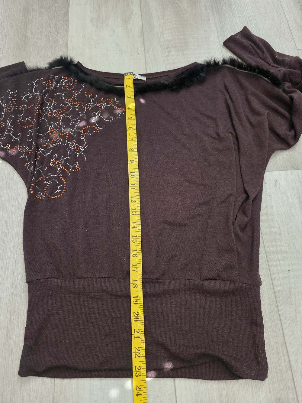 SNG Brown Embellished Faux Fur Trim Dolman Sweater Top Size S/M - Picture 9 of 11